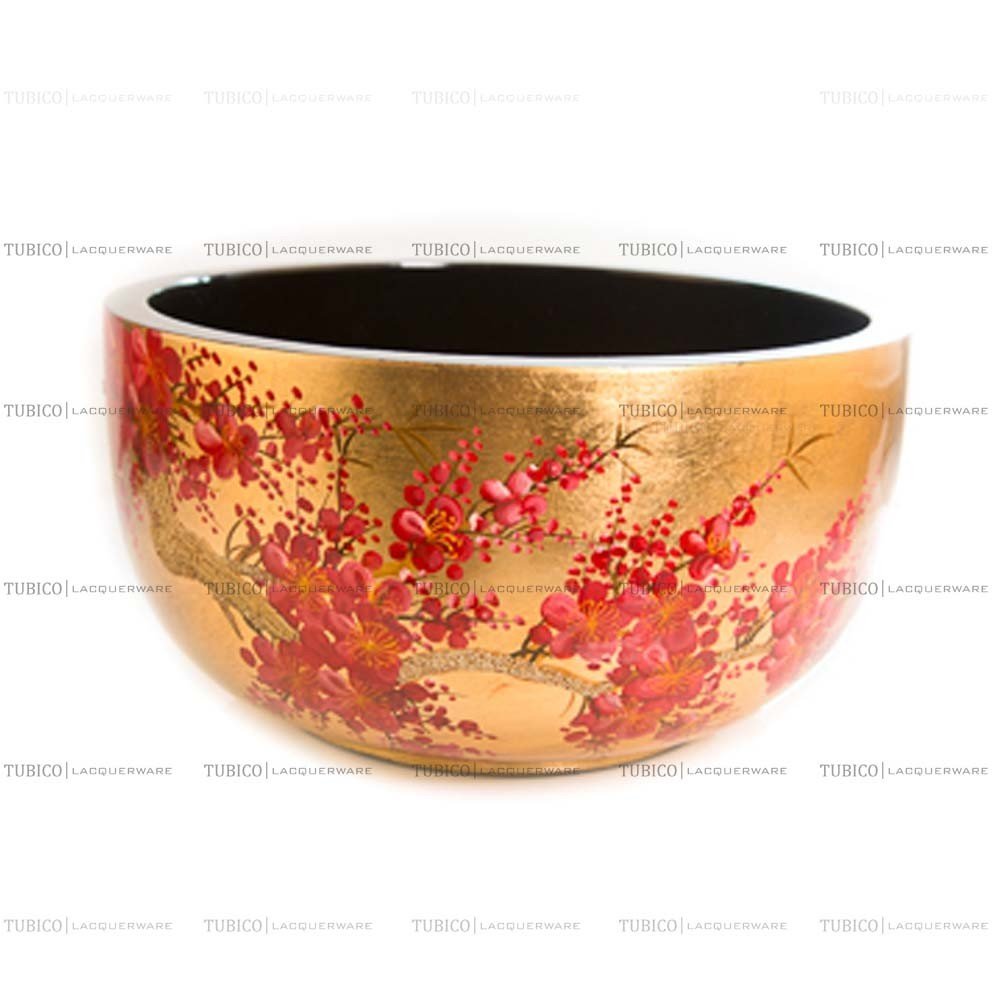 Chén tô sơn mài dát vàng dát bạc vẽ đào đỏ thủ công mỹ nghệ